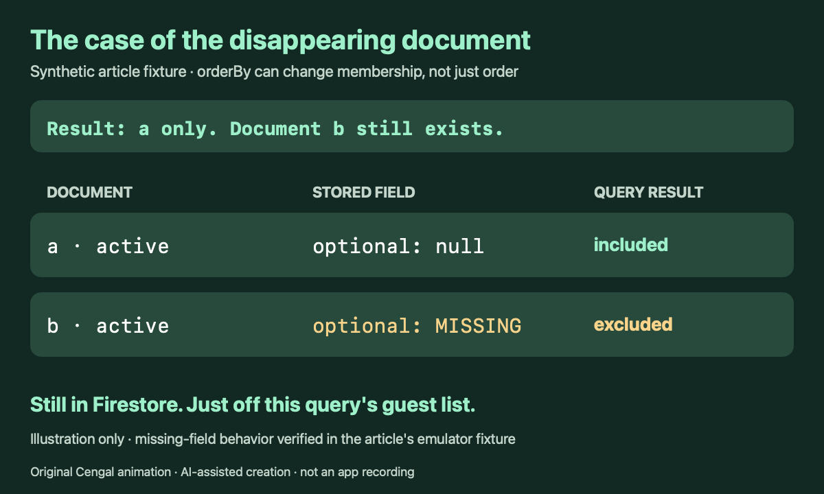 The active-status query includes a and b. Ordering by optional keeps a with null but excludes b with the field missing; both remain stored.