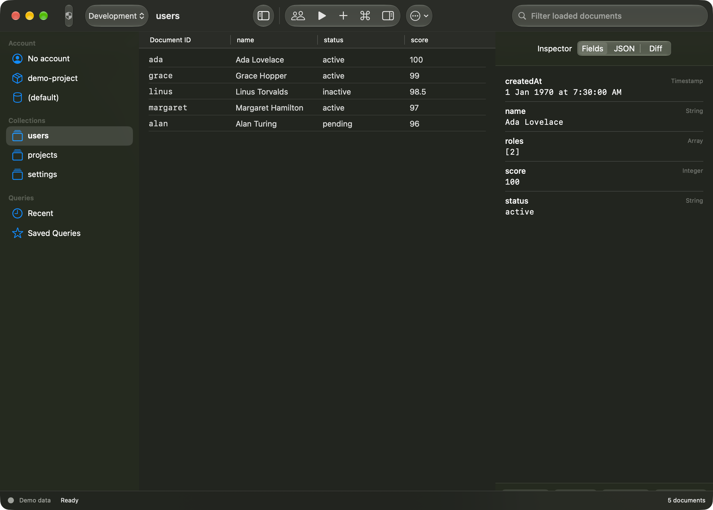 Cengal workspace showing five demo Firestore documents and a populated fields inspector